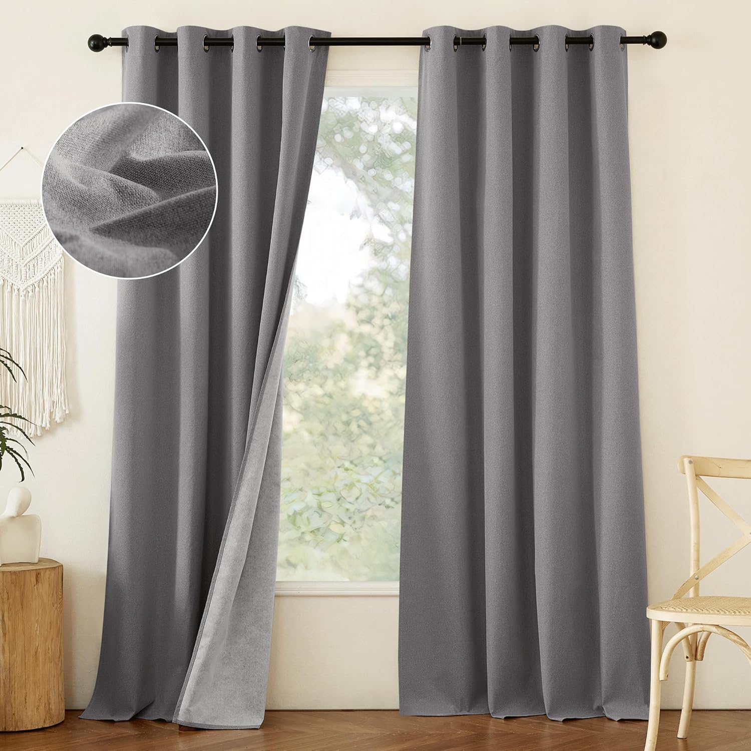 NICETOWN Grey Long Faux Linen Blackout Curtains for Living Room