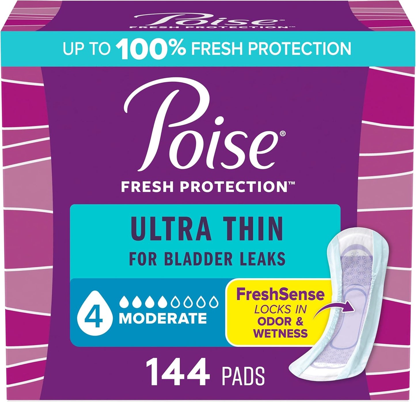 Poise Ultra Thin Incontinence Pads for Bladder Leaks, 144 Count
