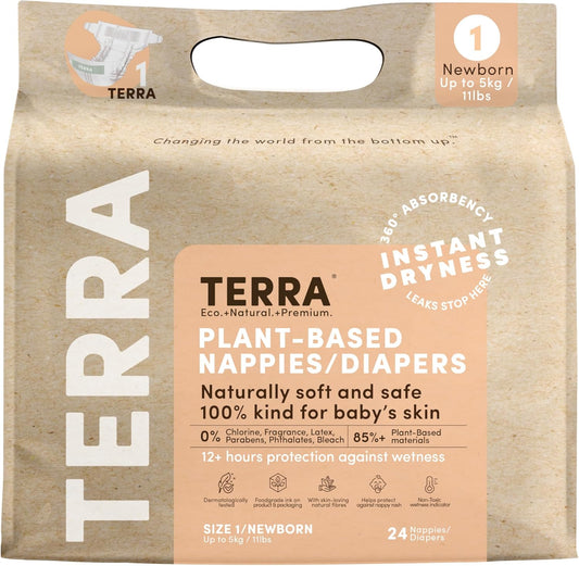 Terra Size 1 Newborn Diapers: 85% Plant-Based, Ultra-Soft & Superior Absorbency