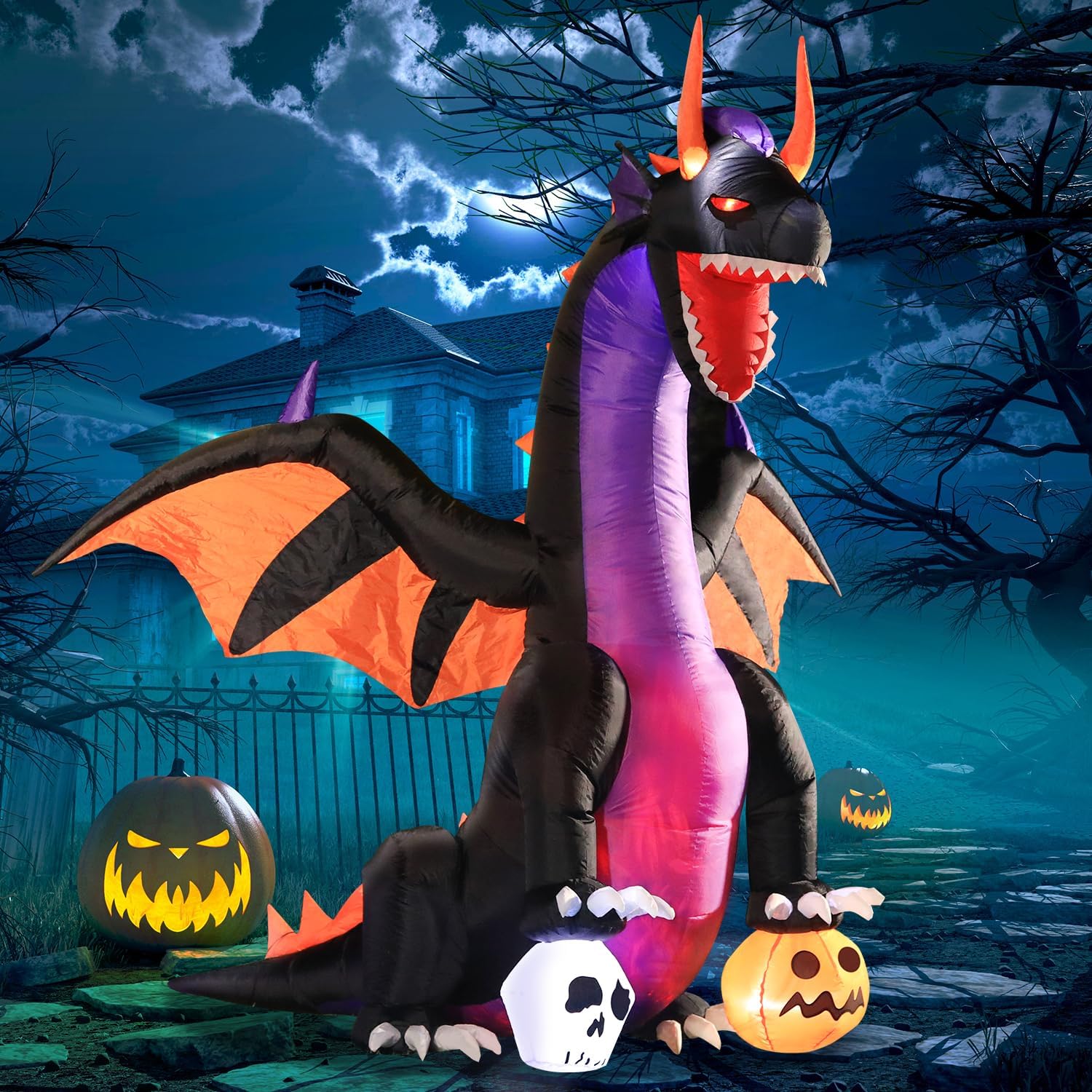 7FT Halloween Inflatable Dragon on Pumpkin and Skull Decor