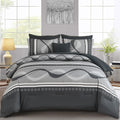 Grey Comforter Set Queen Size - 8 Piece Patchwork Striped Bedding
