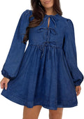 Blue Denim Midi Dress for Women with Bow-Tie Neckline - 2025 Trend