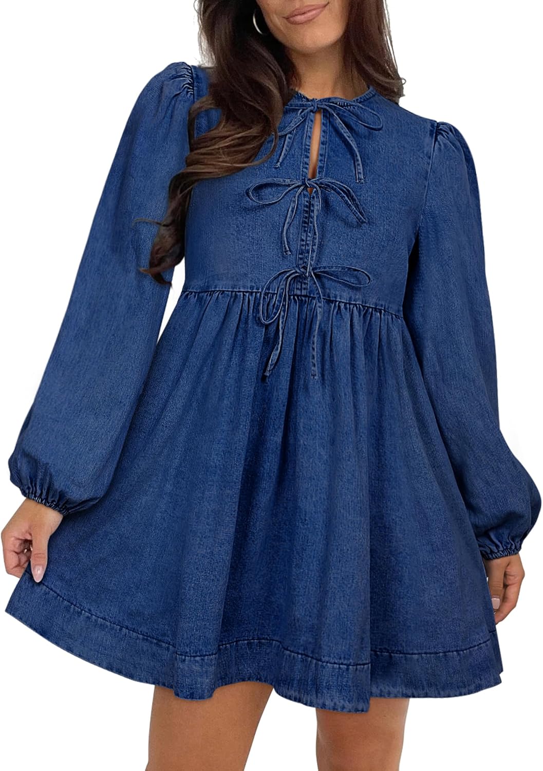 Qazel Vorrlon Denim Dress for Women with Puff Sleeves & Pockets