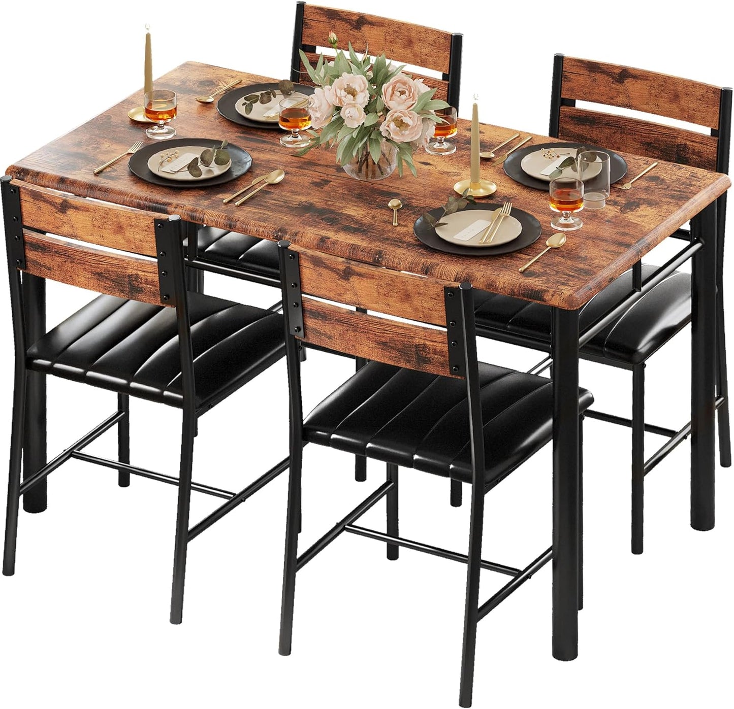 IRONCK Dining Table Set for 4, Rustic Brown Kitchen Furniture