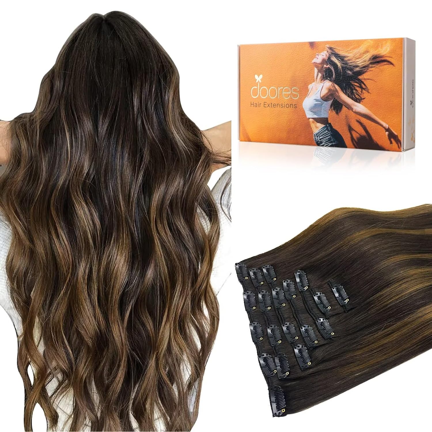 DOORES Clip in Hair Extensions for Balayage Dark Brown Look