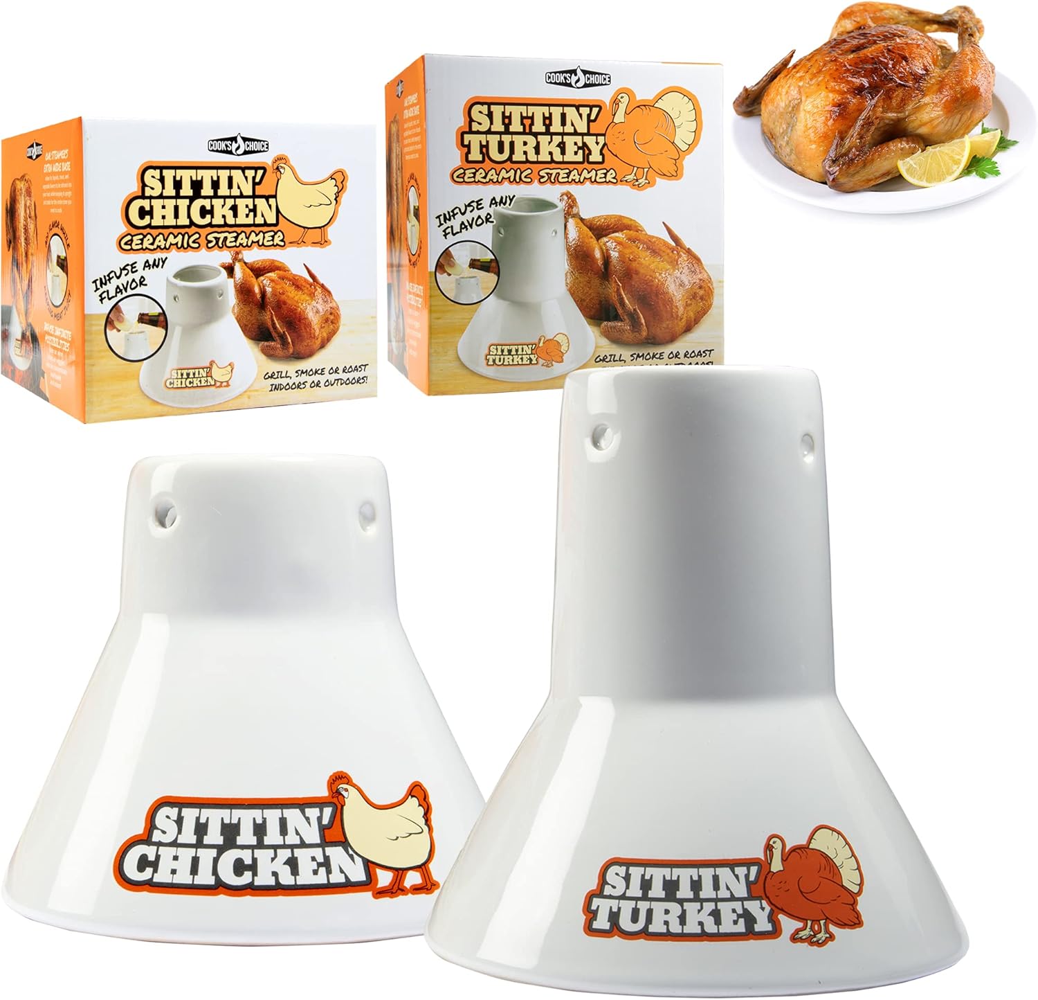 Sittin Chicken & Turkey Ceramic Beer Can Roaster Duo for Grilling