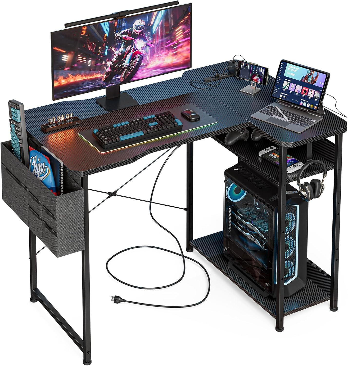 L Shaped Gaming Desk 40 Inch with Power Outlets & Storage Bag