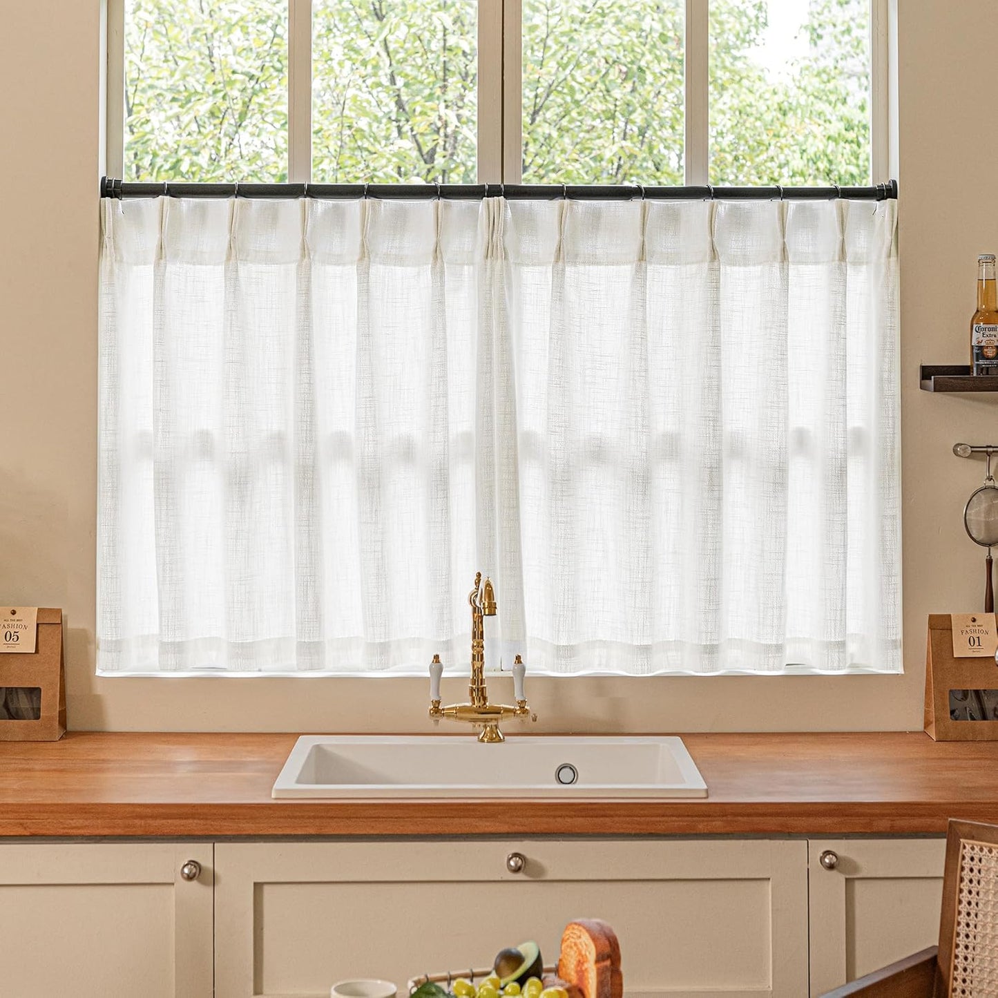 Off White Linen Kitchen Curtain Set for Short Windows 24 in