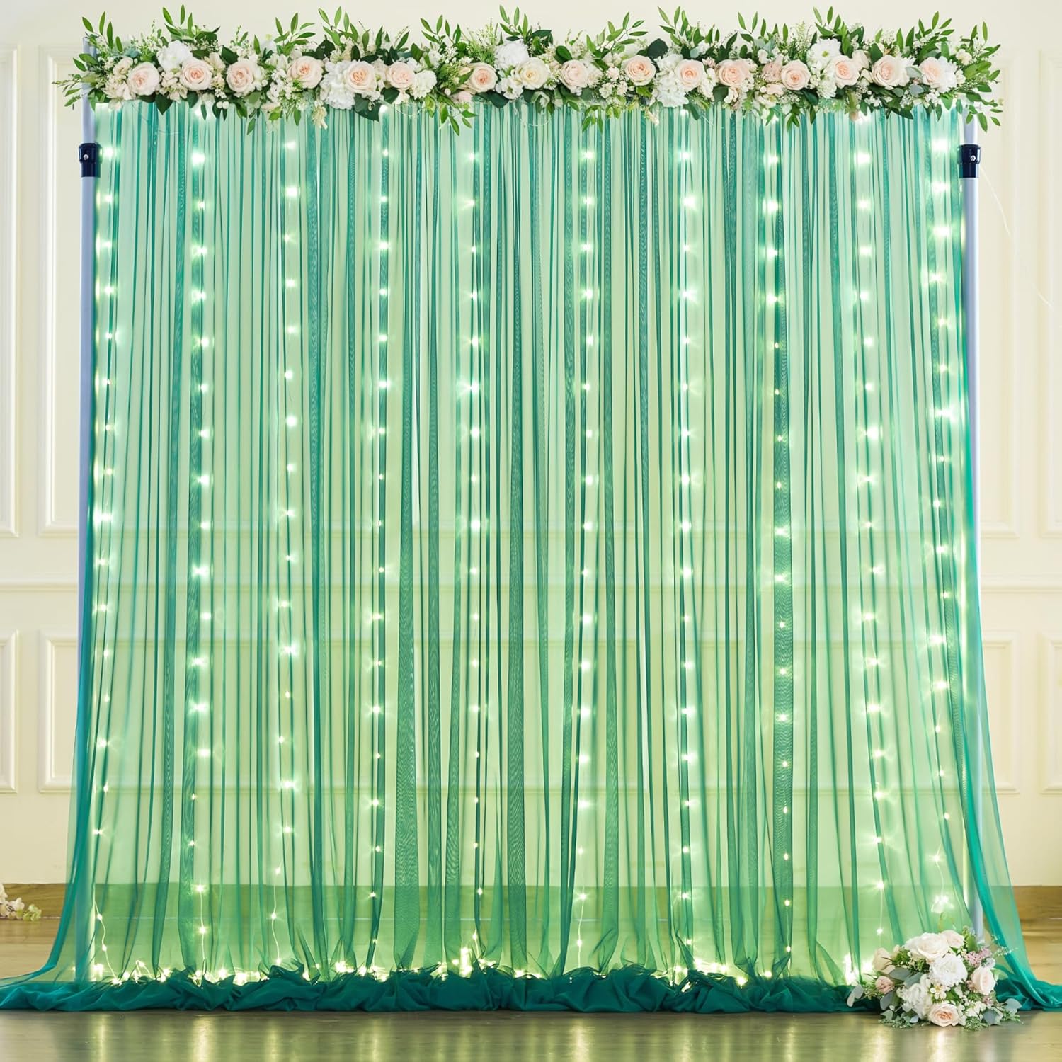 Hunter Green Tulle Backdrop Curtains with Lights for Events