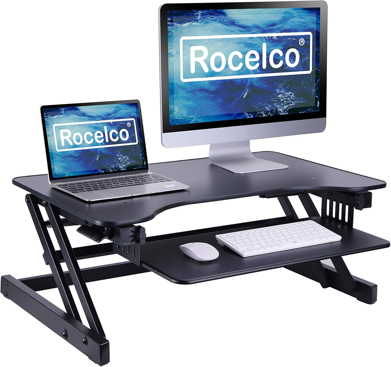 Rocelco 32 Standing Desk Converter - Dual Monitor Riser - Keyboard Tray - Black