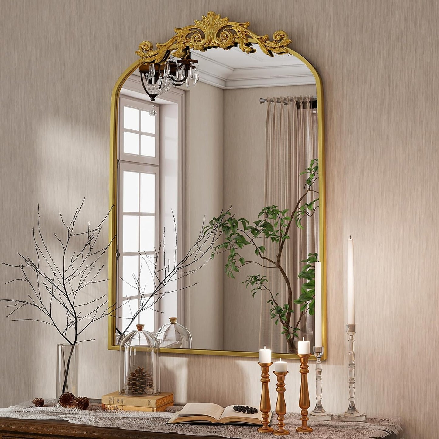 Vintage Arched Bathroom Mirror with Floral Carved Design