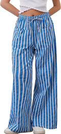 Women Cotton Drawstring Striped Wide Leg Pants - Low Waist Comfort
