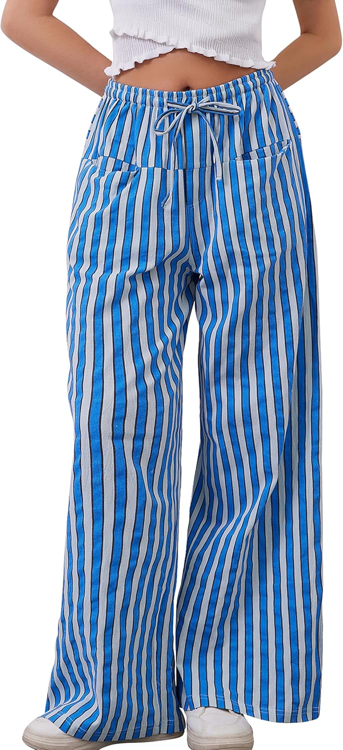 MISSACTIVER Women Drawstring Striped Pants for Casual Comfort