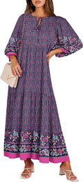 Boho Maxi Dress V Neck Puff Sleeve Floral Swing - Summer Dress