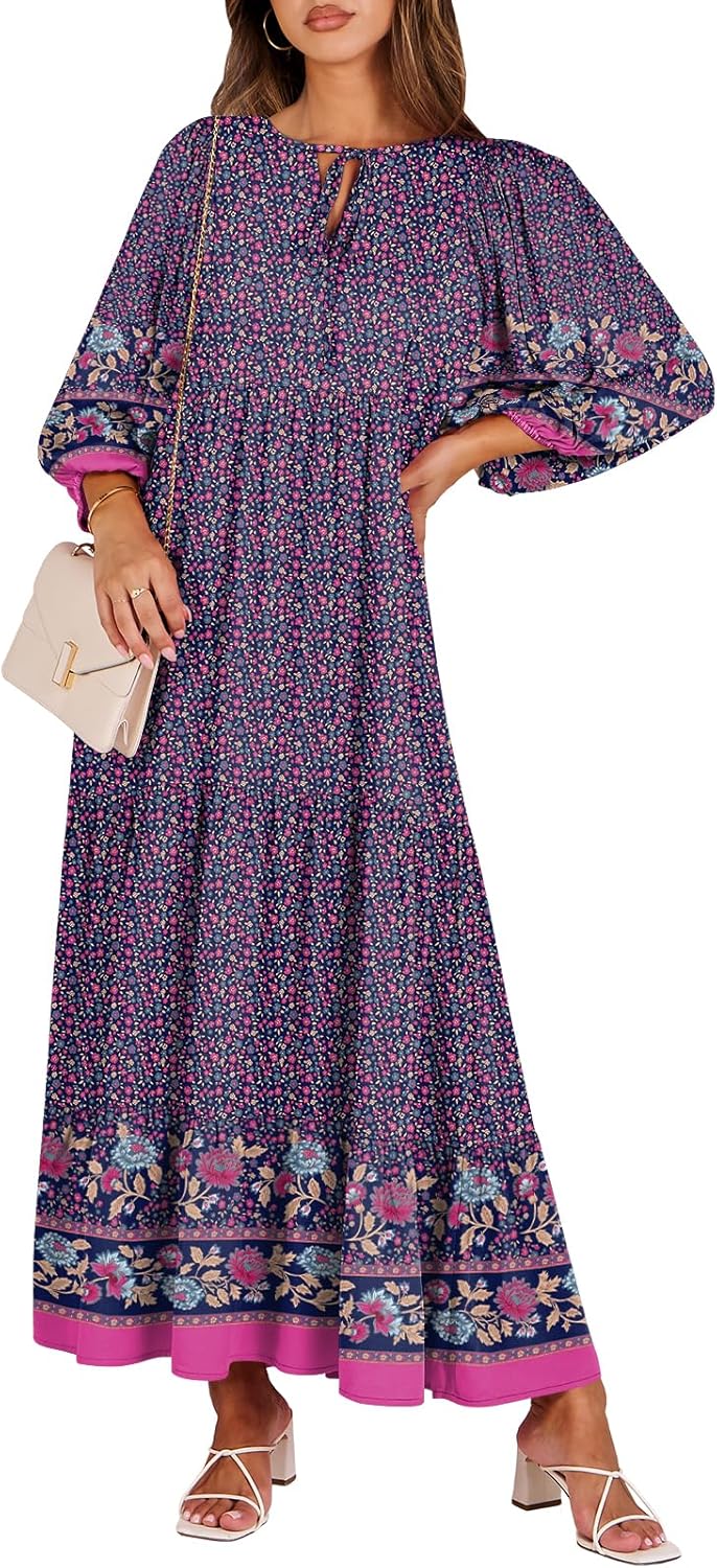 Boho Maxi Dresses for Women - Floral V Neck Puff Sleeve Style