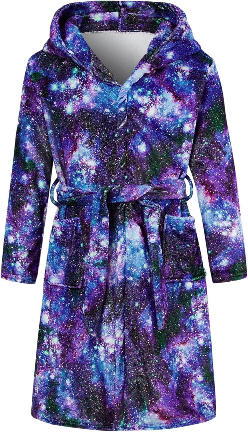 Funnycokid Boys Hooded Fleece Bathrobe for Ages 7-14 Years