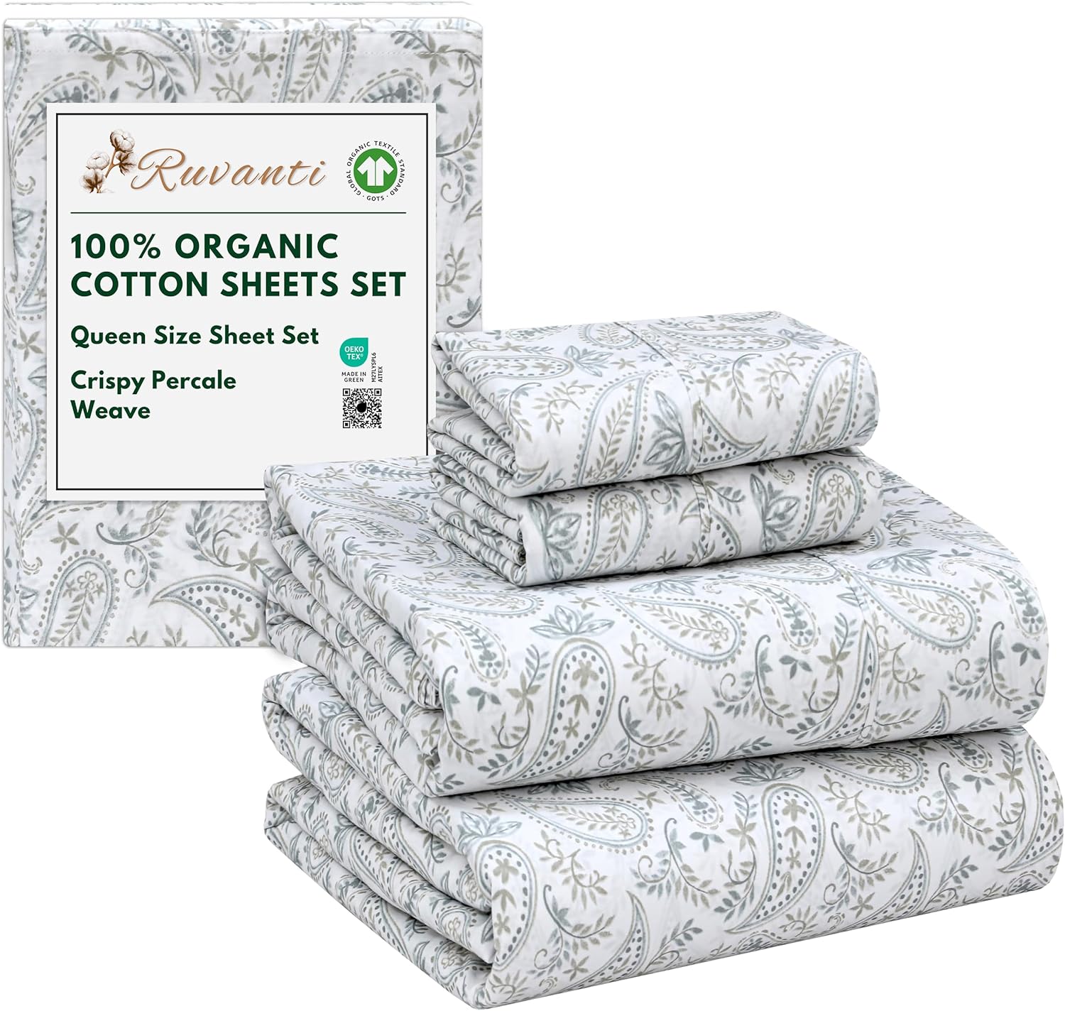 100% Organic Cotton Queen Sheets Set with Deep Pocket Fit