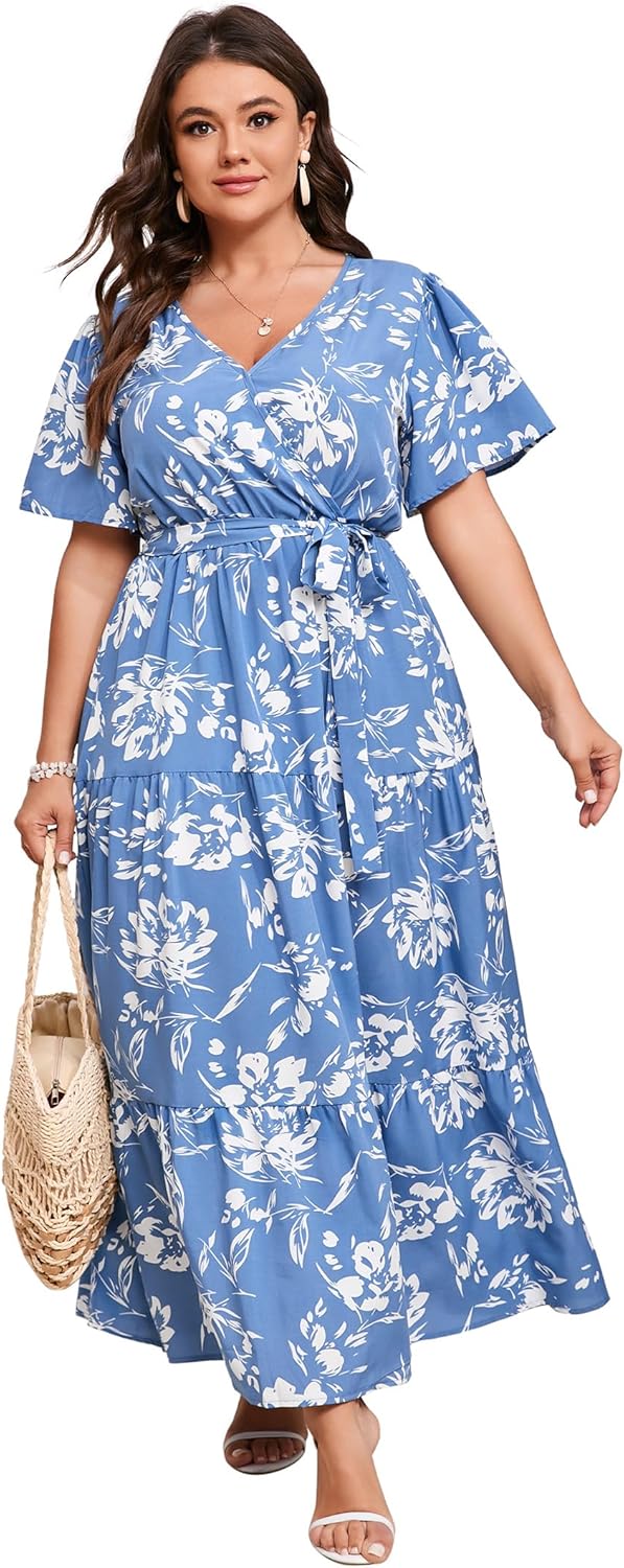 Plus Size V Neck Wrap Maxi Dress for Women by KOJOOIN