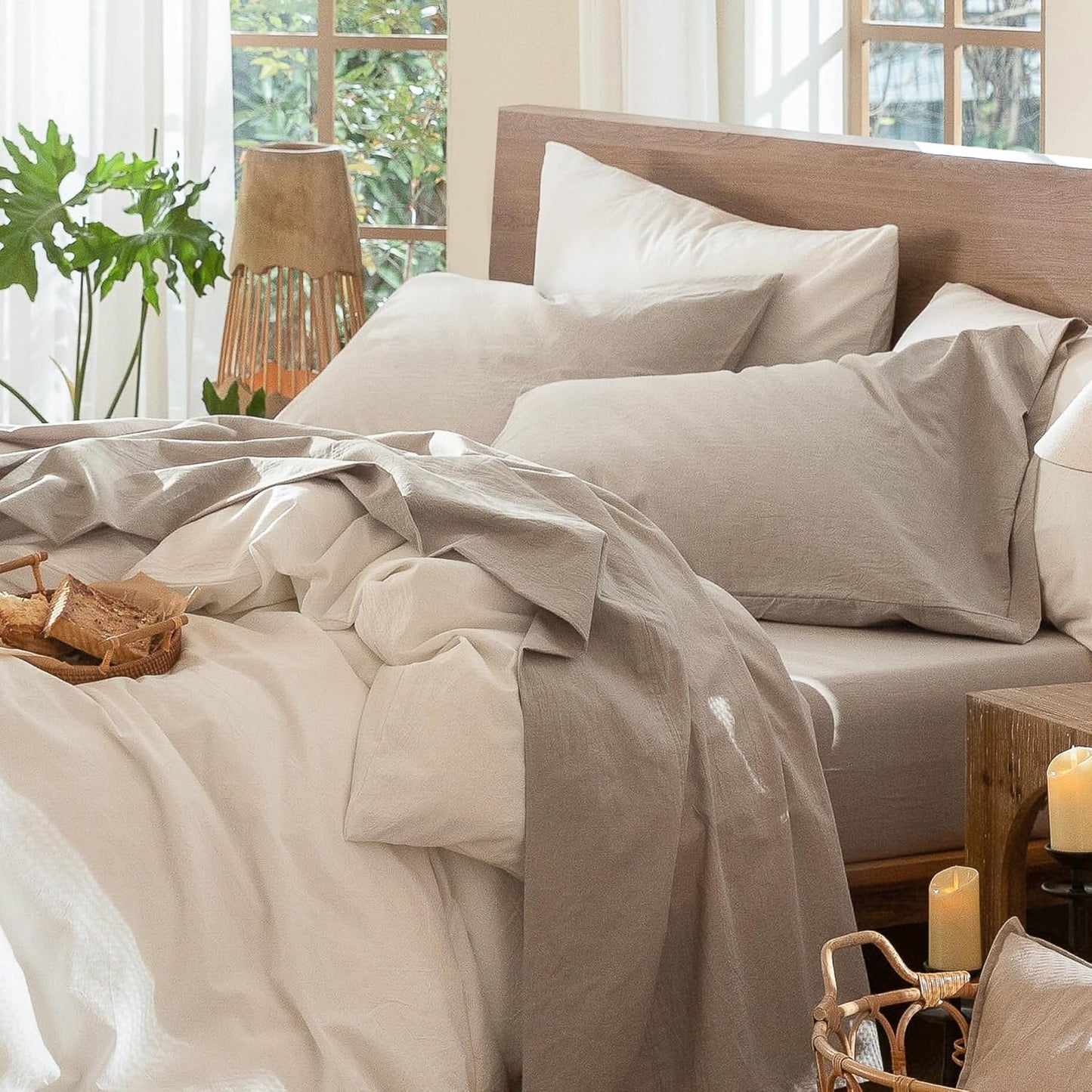 MooMee King Size Bedding Sheet Set 100% Washed Cotton Linen