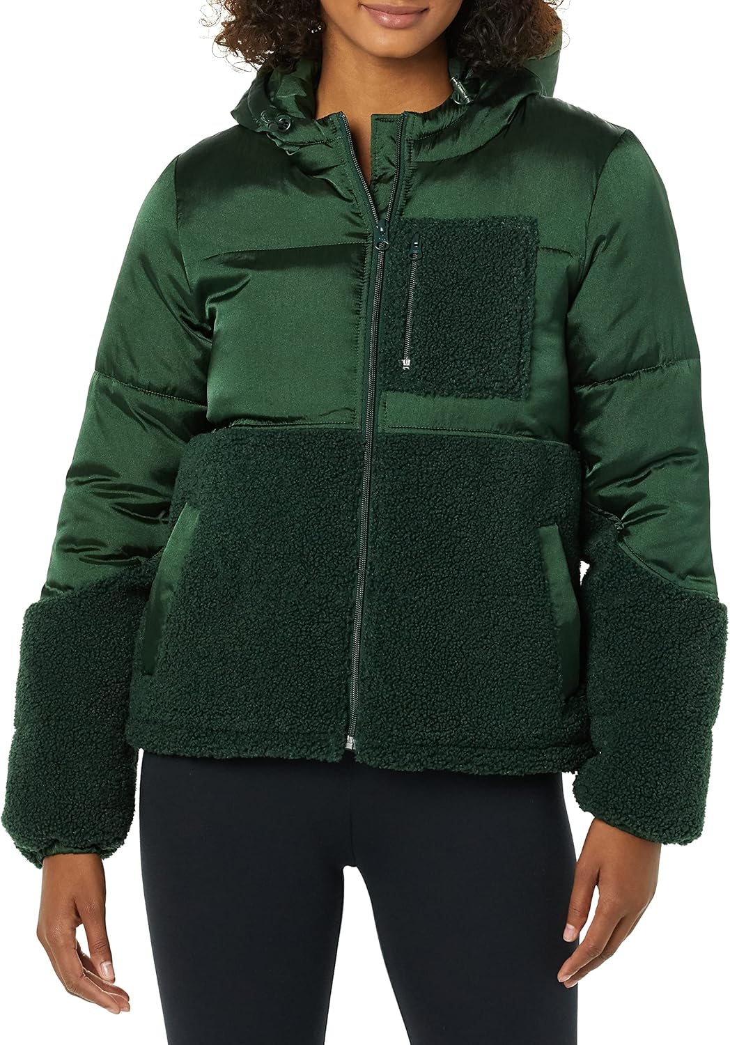 Full-Zip Sherpa Fleece Hooded Puffer Jacket for Women