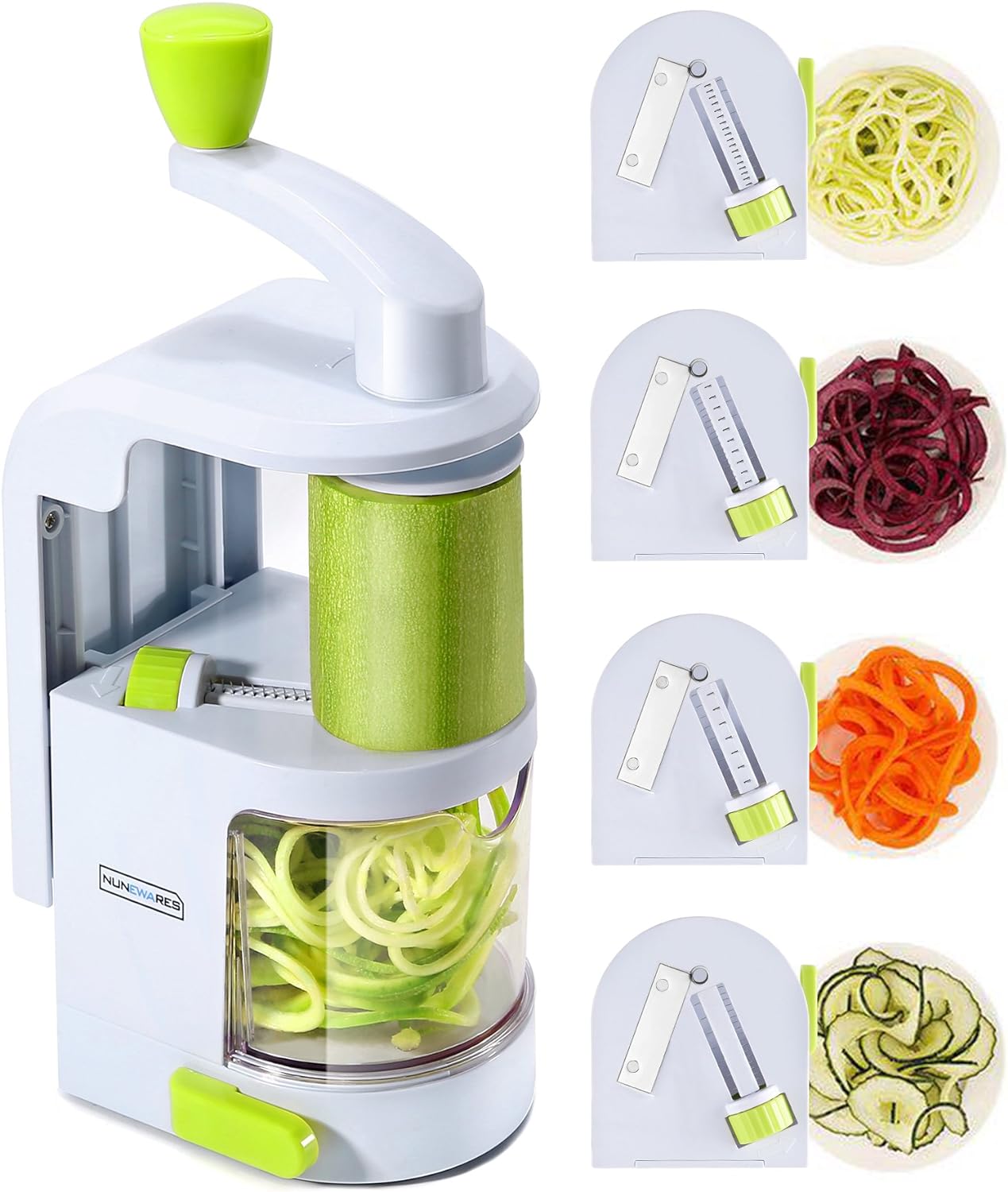 NUNEWARES Heavy Duty 4-in-1 Spiralizer with Suction Cup - Effortless Veggie Noodle Maker