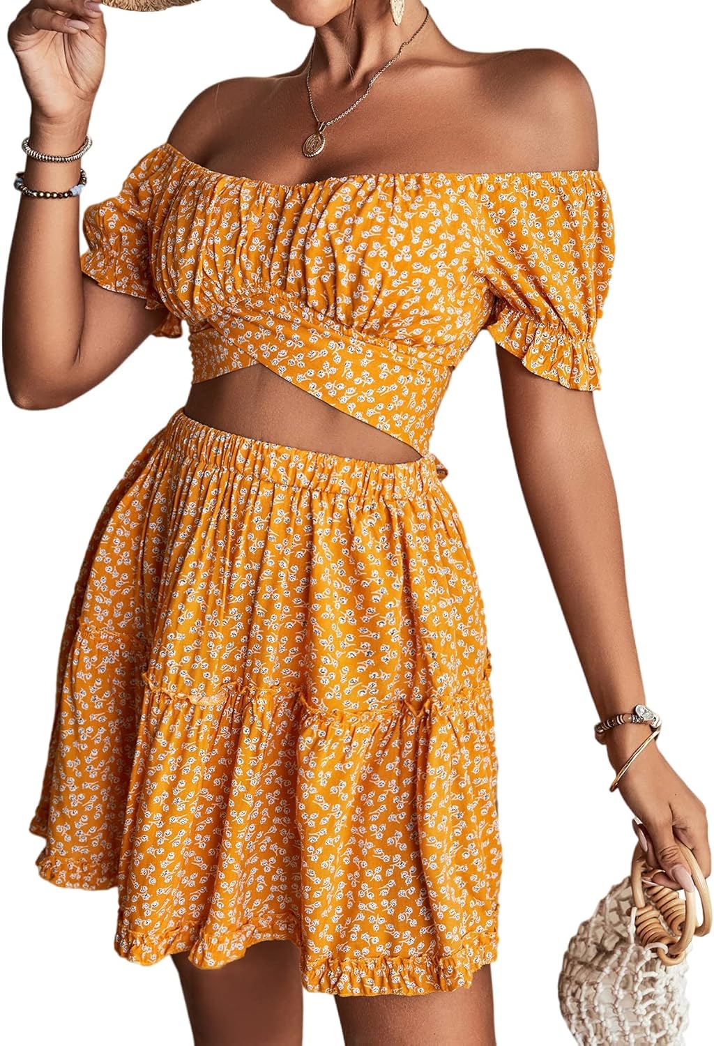LYANER Women's Floral Off Shoulder Crop Top and Mini Skirt Set