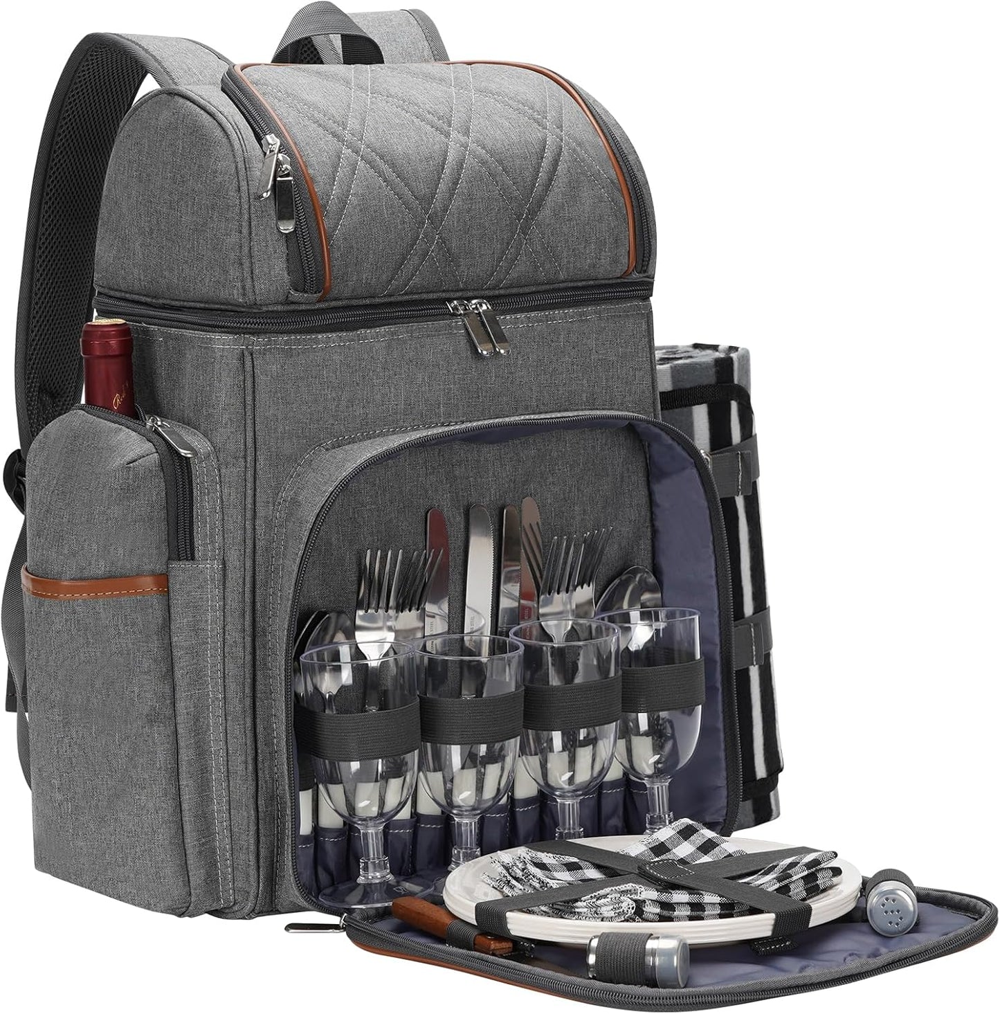 Picnic Backpack for 4 with Insulated Cooler and Blanket Set