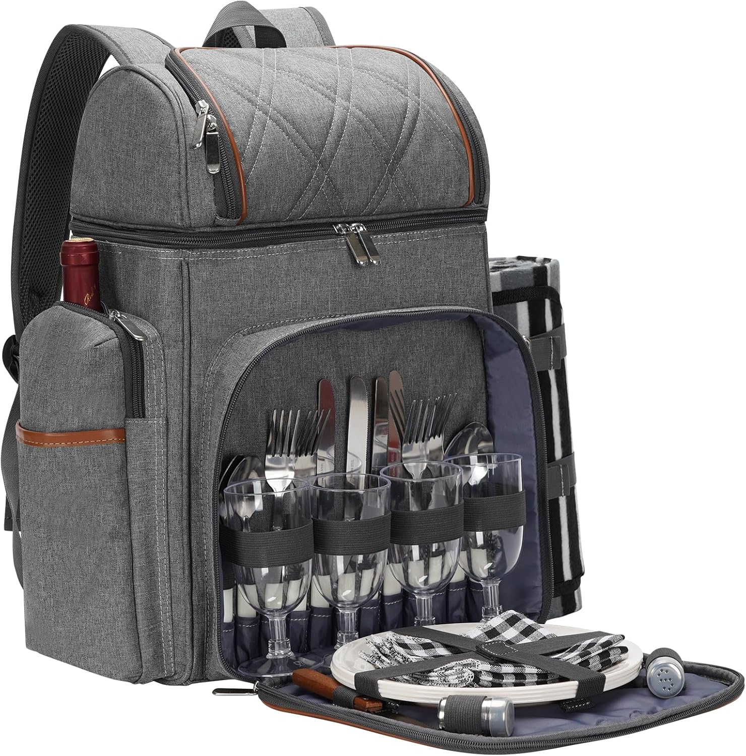 Picnic Backpack for 4 with Insulated Cooler and Blanket Set