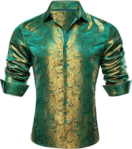 Barry.Wang Men Dress Shirts Paisley 70s Disco Style for Events