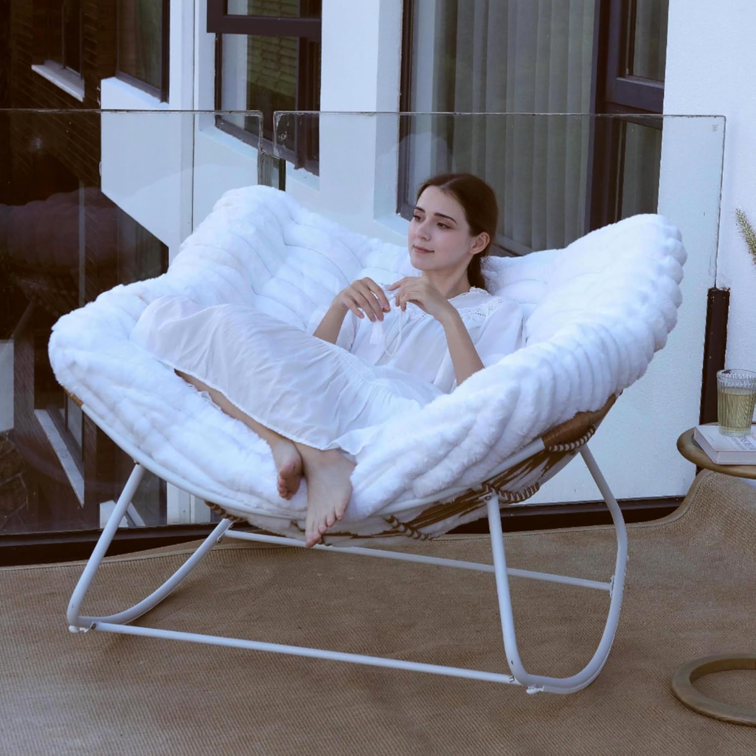 Oversized Papasan Rocking Chair with Deep Cushion for Comfort