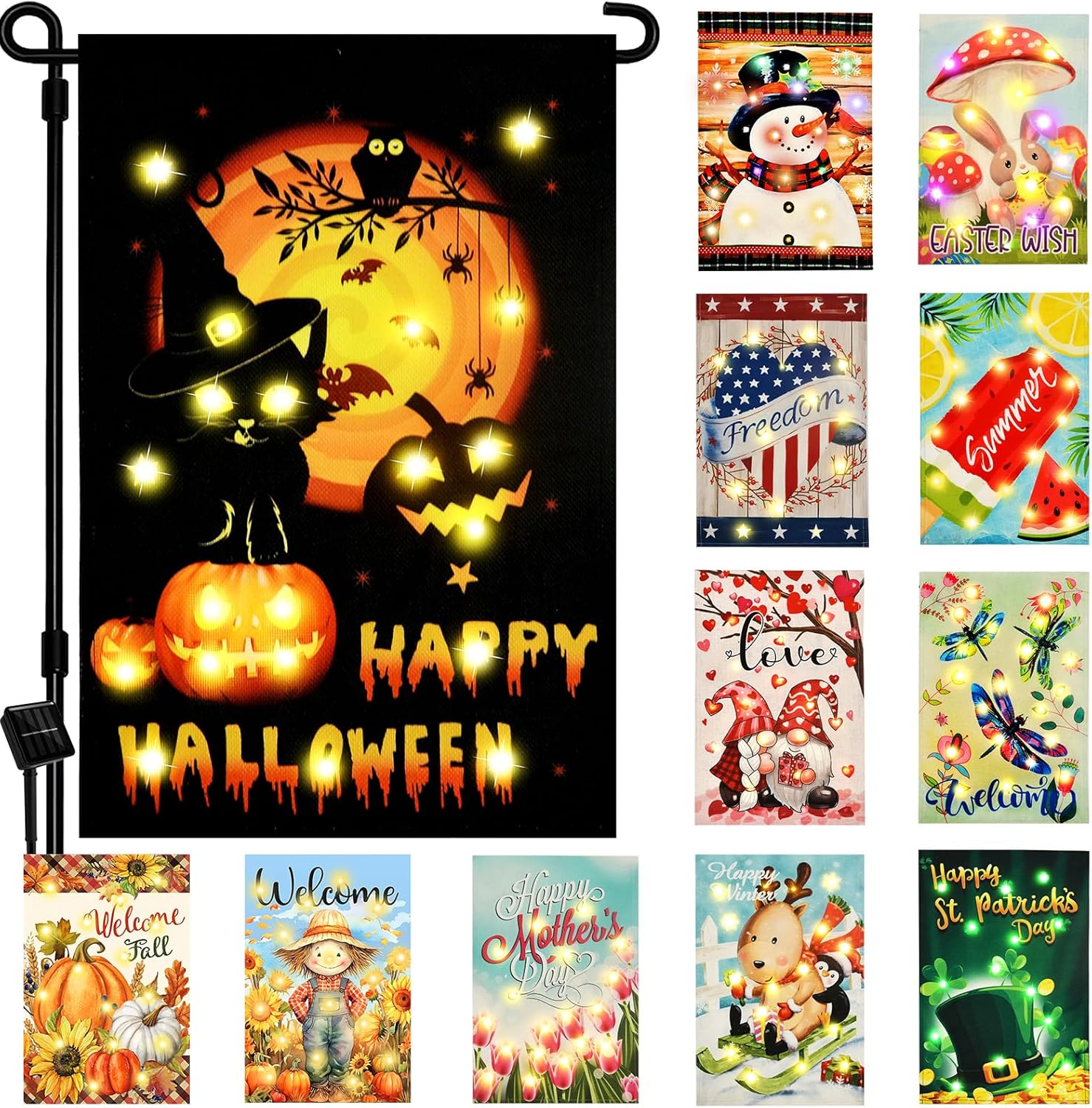 Solar Seasonal Garden Flags Set of 12 for Holiday Decor