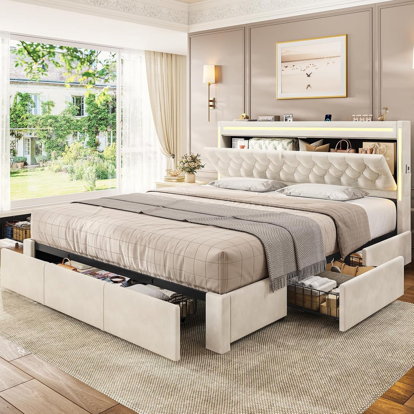 King Upholstered LED Bed Frame with Hidden Storage and Drawers