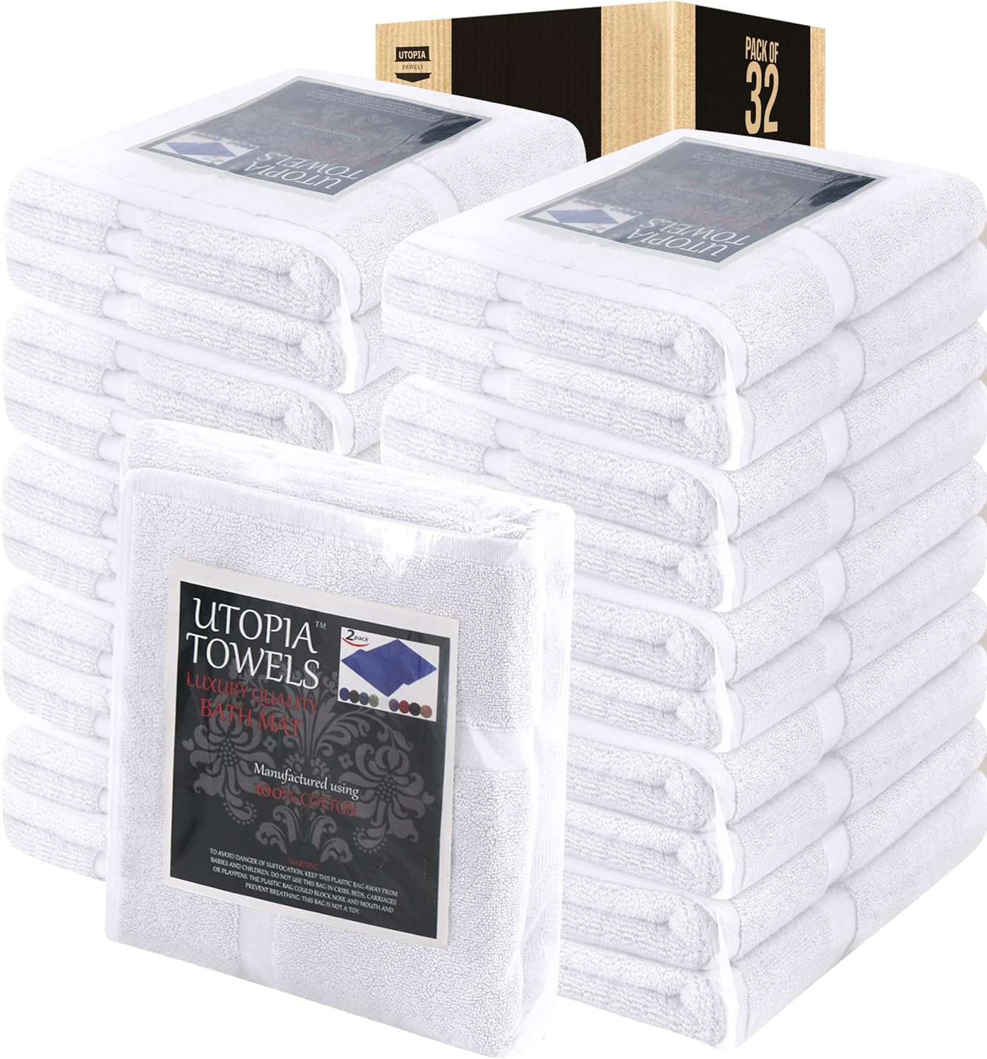 Utopia Towels Cotton Banded Bath Mats - Soft & Absorbent 32 Pack