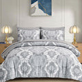 WONGS BEDDING Grey Comforter Set Queen Size - Damask 7 Piece