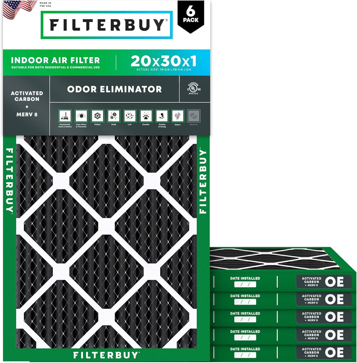 Filterbuy 20x30x1 Air Filter MERV 8 for Odor & Allergy Defense