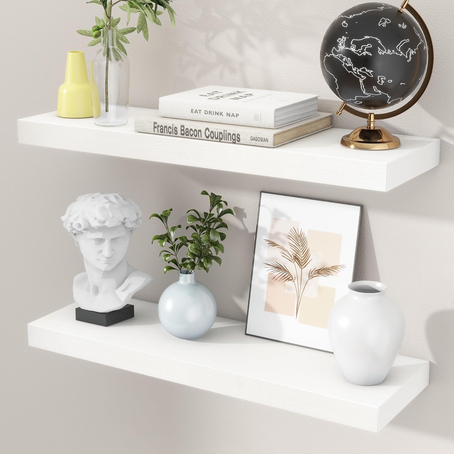 24 Inch White Floating Shelves for Wall - Solid Wood Set of 2