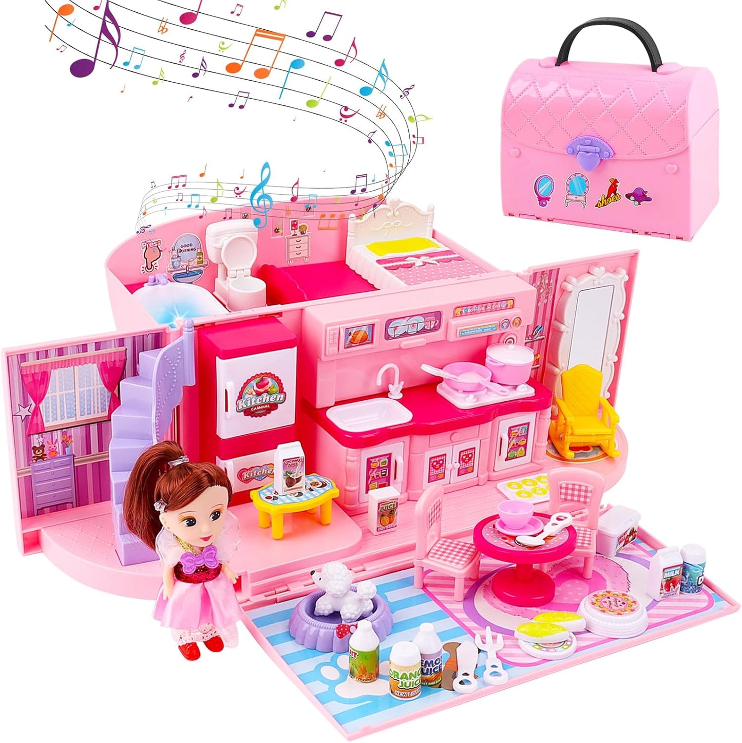 Portable Dollhouse Backpack with Light & Music for Girls by deAO
