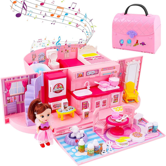 Portable Dollhouse Backpack with Light & Music for Girls by deAO