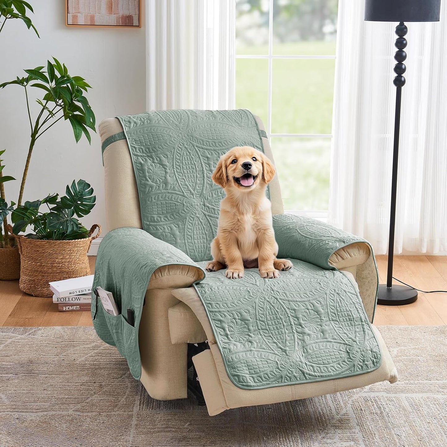 Green Quilted Recliner Covers for Dogs - Water-Repellent Slipcovers