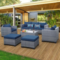 Wicker Patio Conversation Set with Storage Table - Royal Blue Cushions
