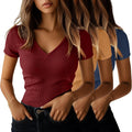 Ficerd Women's V Neck Ribbed Slim Fit Cotton T-Shirts 3 Pack