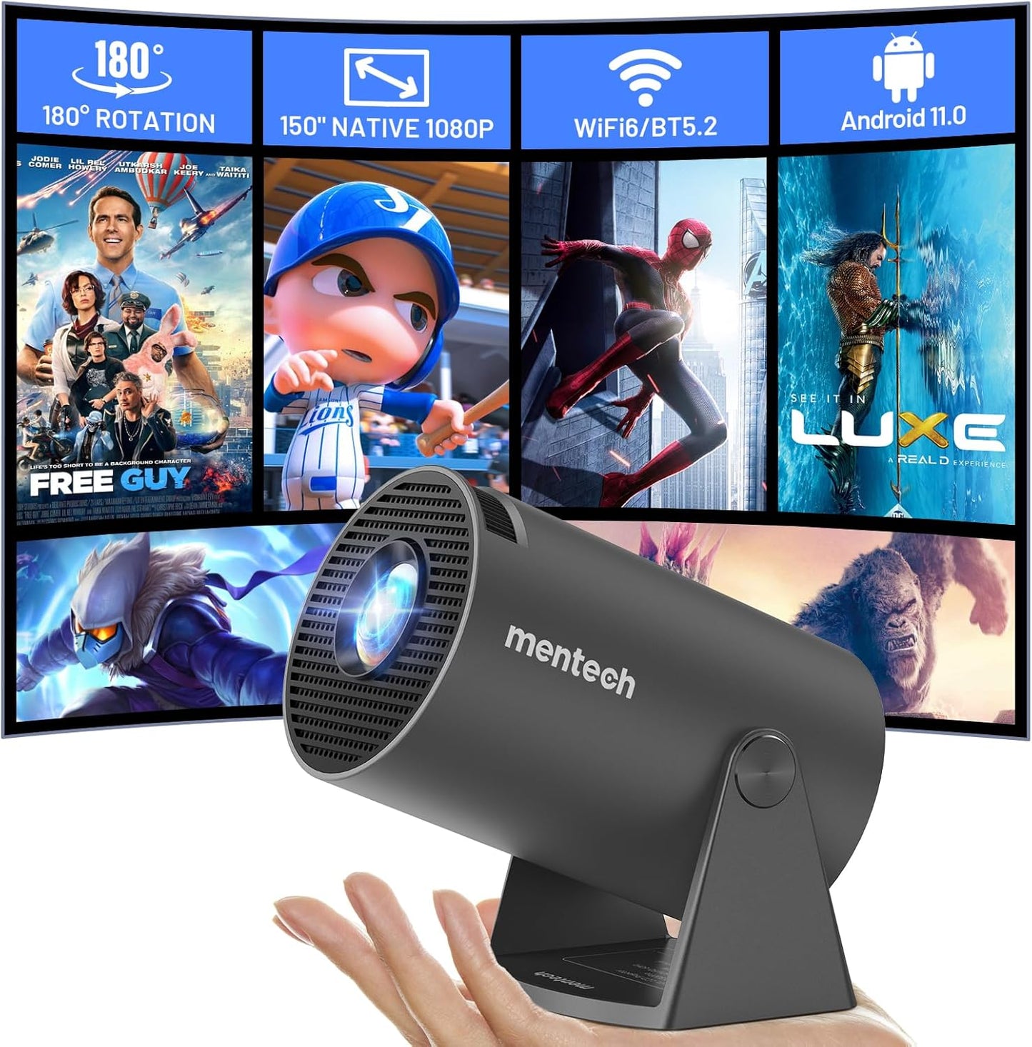 Portable Smart Mini Projector, 1080P/4K, WiFi6, Android TV 11.0