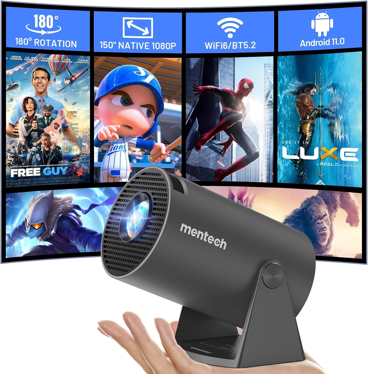 Portable Smart Mini Projector, 1080P/4K, WiFi6, Android TV 11.0