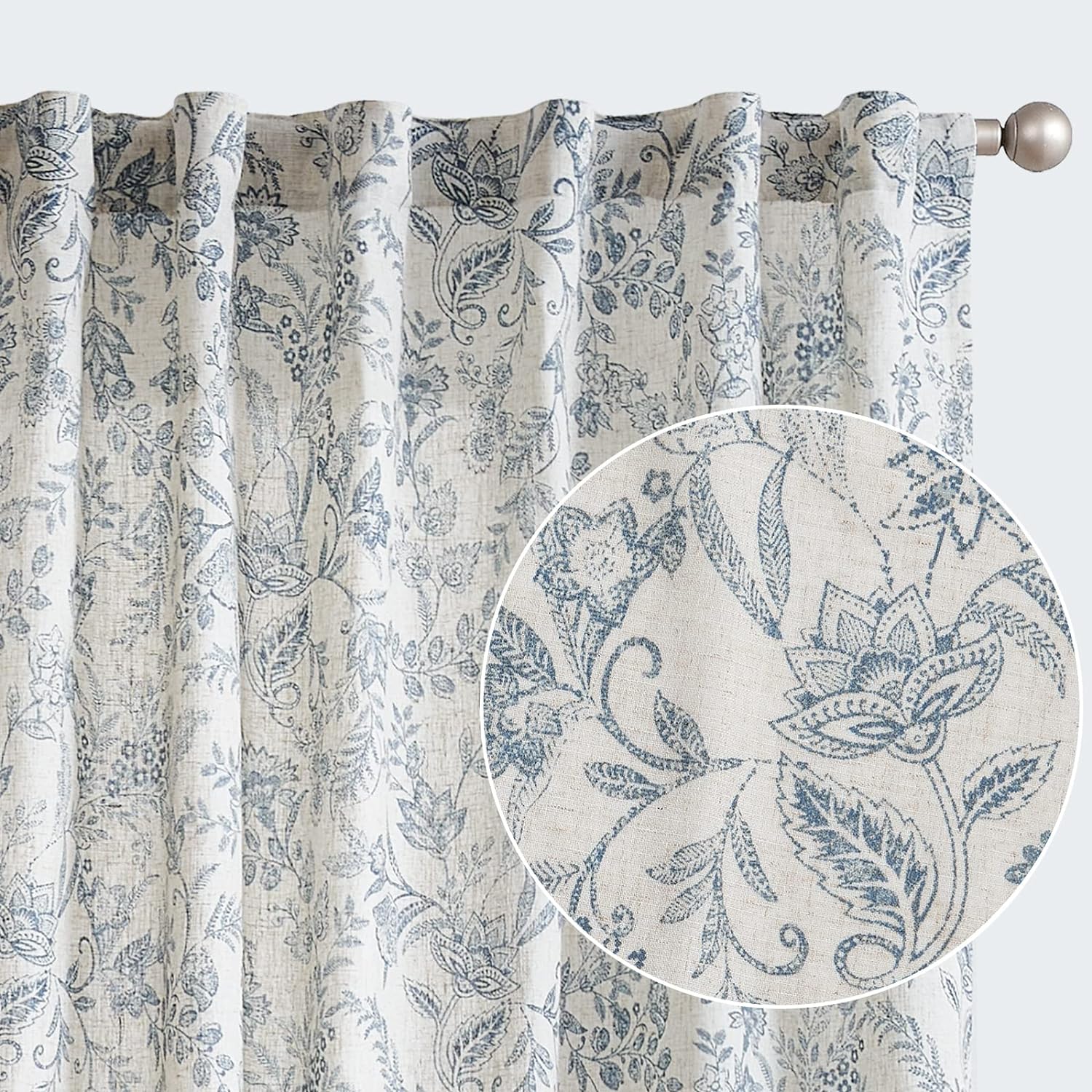 Linen Curtains with Vintage Floral Print for Living Room Decor