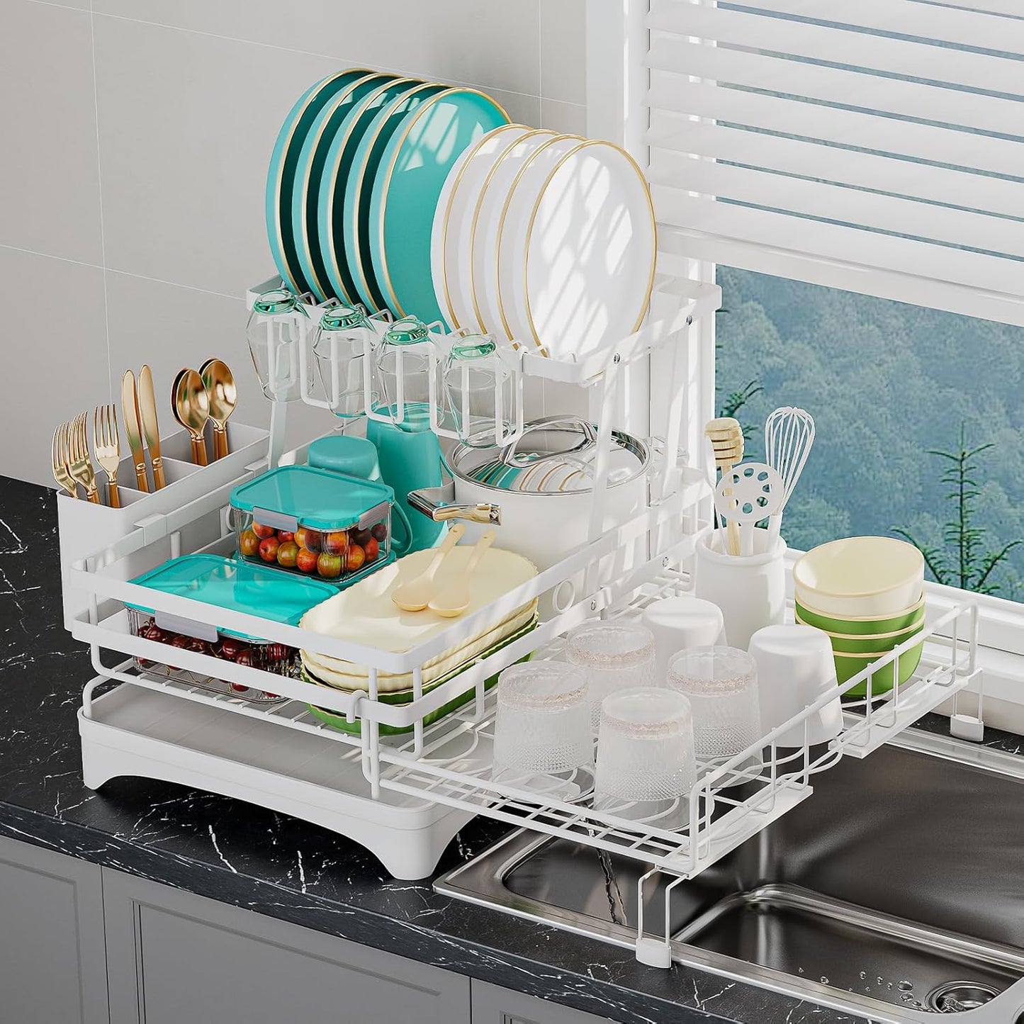 2 Tier Large Dish Drying Rack - Expandable Kitchen Organizer