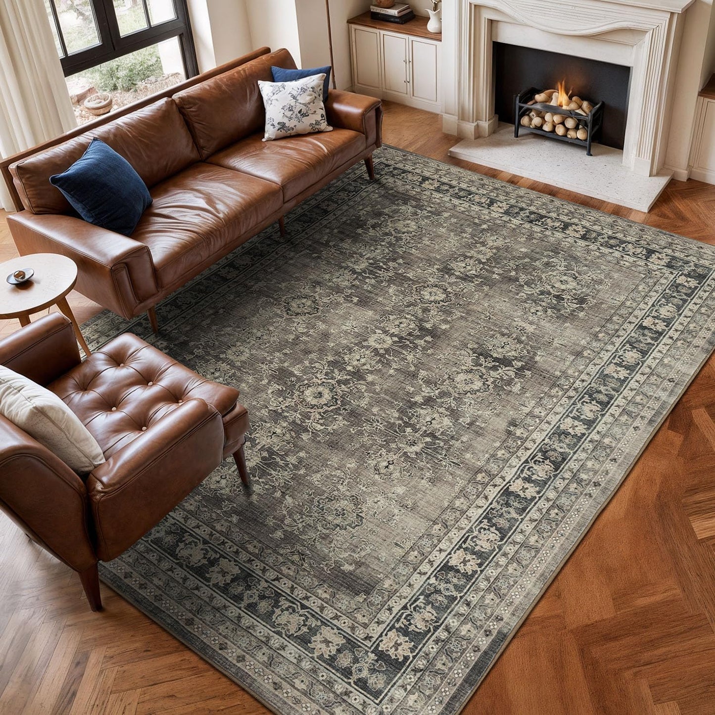 Vintage Brown Distressed Floral Area Rug for Living Room