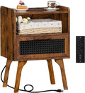 Brown Rattan Nightstand with Charging Station - Compact Boho Side