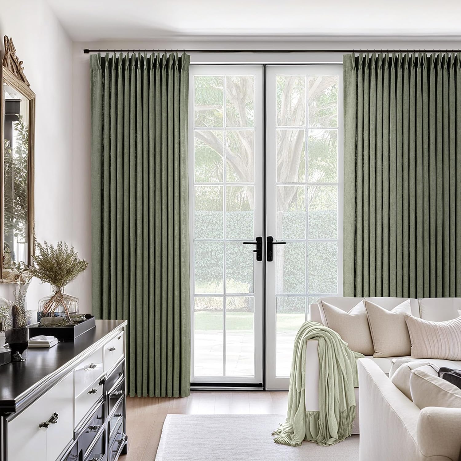 Sage Green Pinch Pleated Linen Curtains for Elegant Spaces