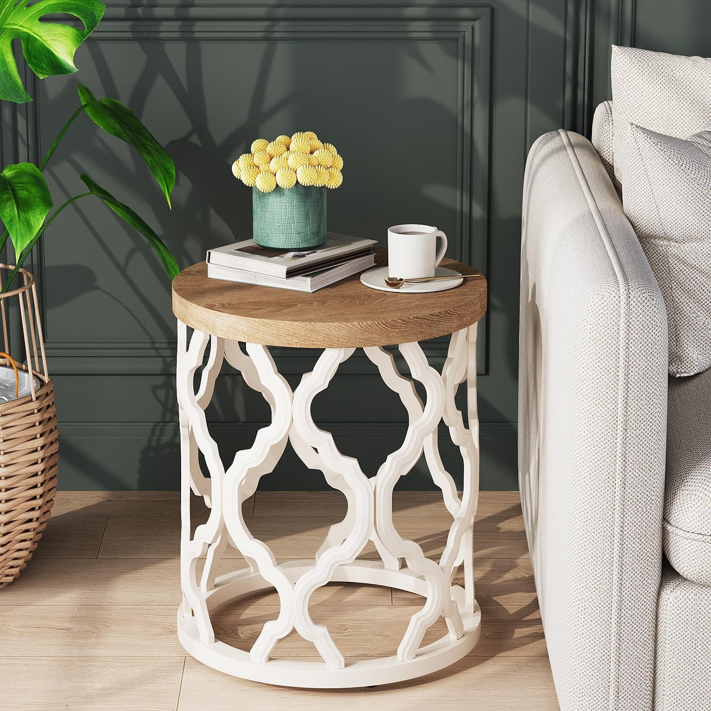 Farmhouse End Table with Curved Motif for Boho Living Room