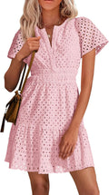 Womens Hollow Out Lace Summer Short Dress V Neck - Cute A Line